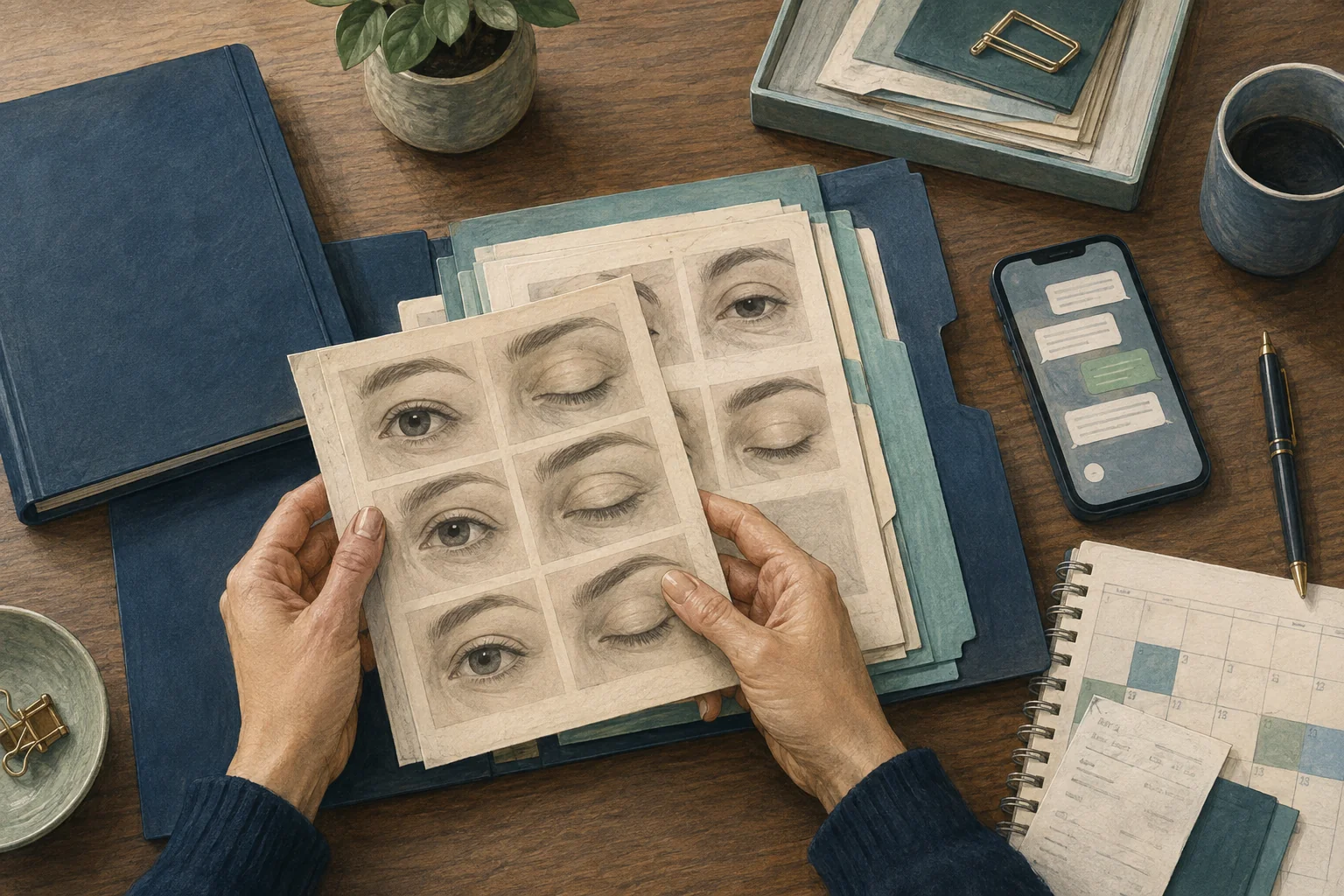 Illustration of hands arranging eyelid photographs, messages and treatment records in a folder