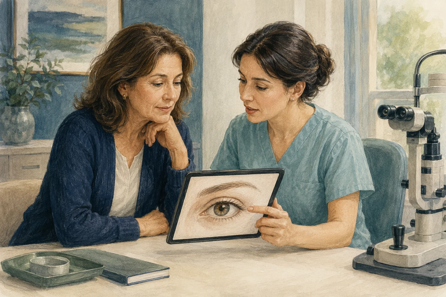 Illustration of a clinician and patient reviewing an eye diagram during an independent consultation