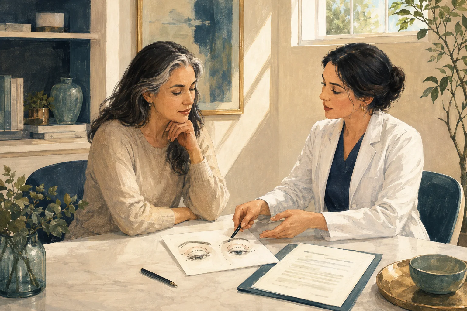 Illustration of a patient discussing eyelid surgery information and documents with a clinician