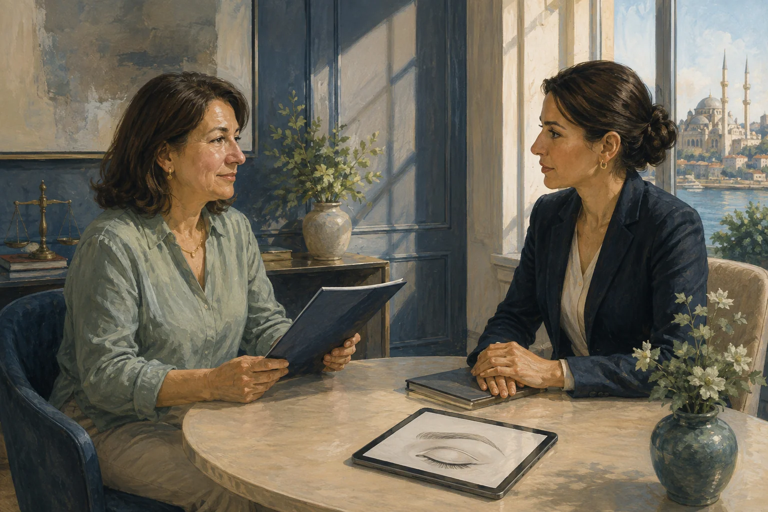 Illustration of a patient discussing eyelid surgery records with a legal adviser