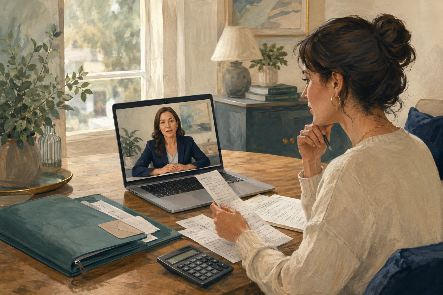 Illustration of an international patient discussing treatment estimates with a legal adviser by video