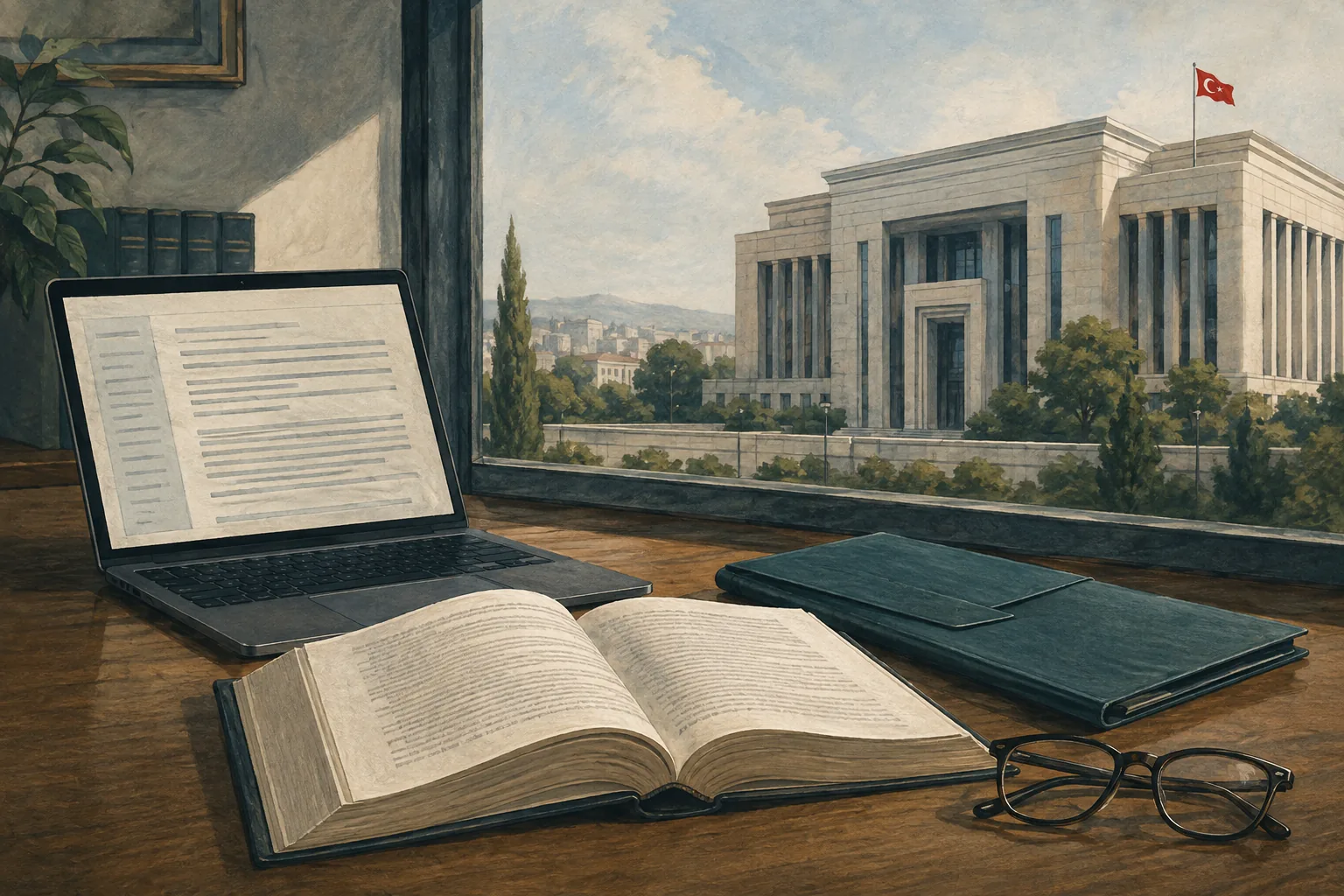 Illustration of a laptop, legal volume, and case folder beside a window overlooking a courthouse.