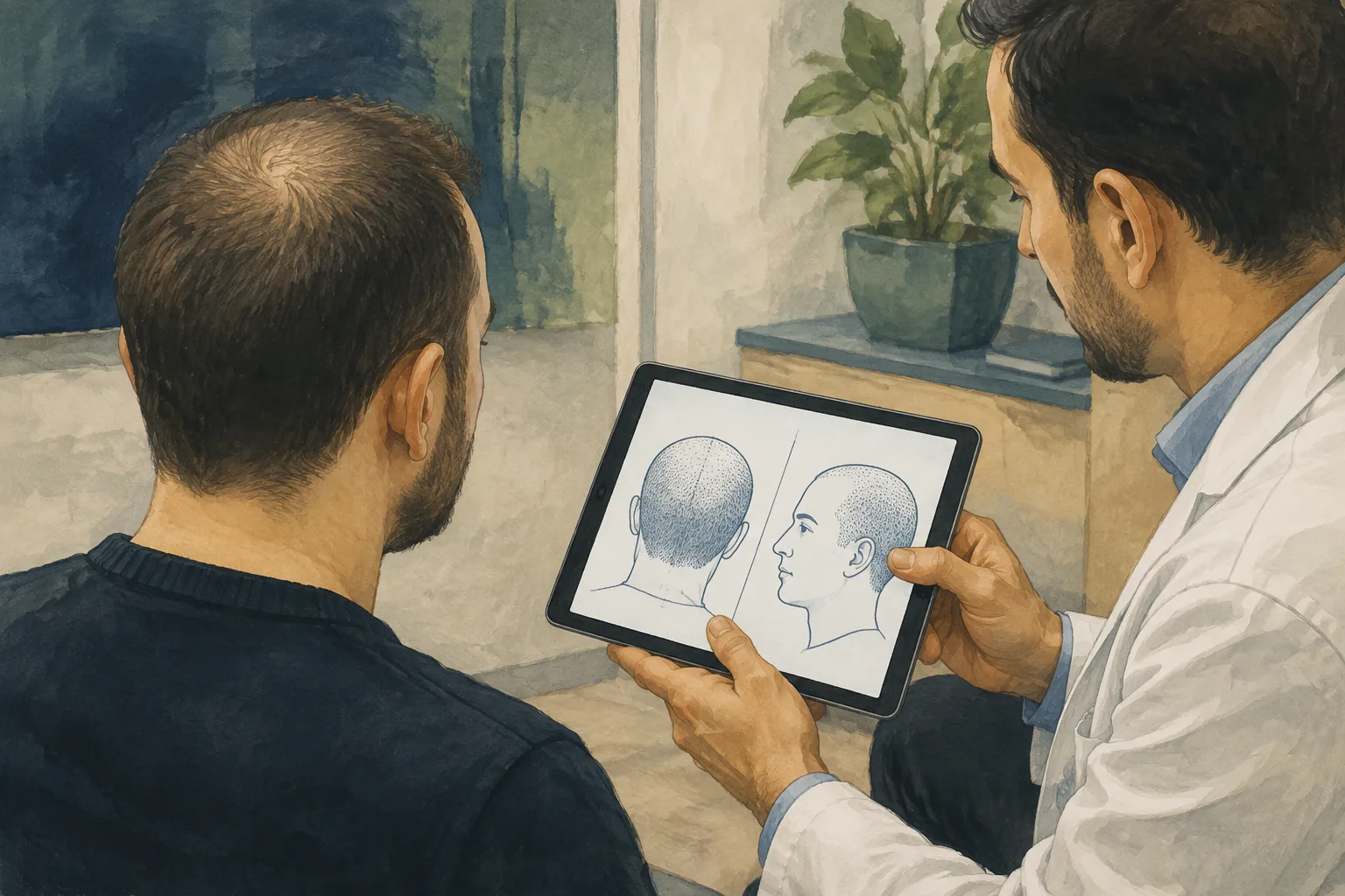 Illustration of an independent clinician discussing donor-area findings with a patient using scalp drawings.
