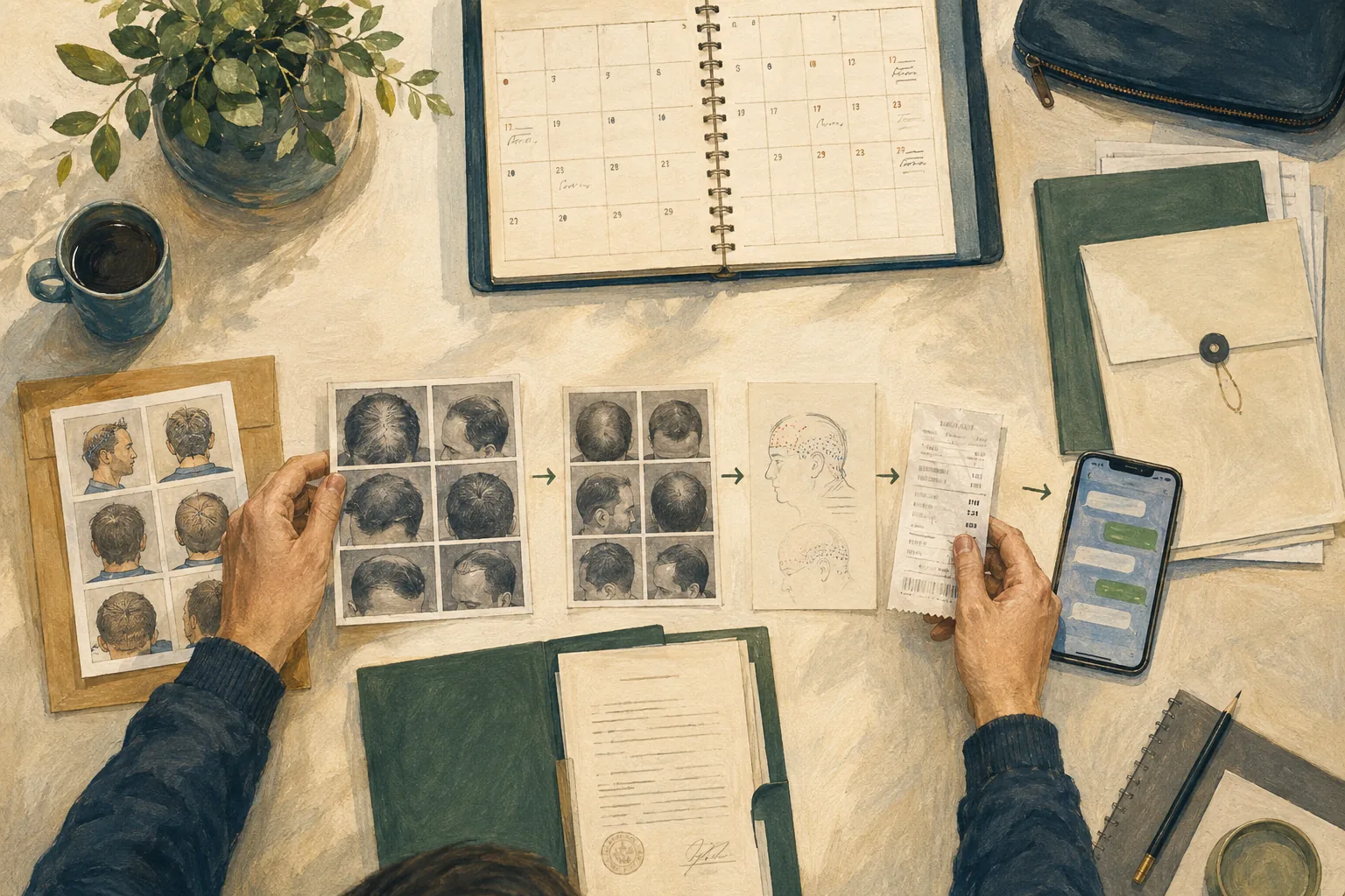 Illustration of hands organizing scalp photographs, a calendar, treatment documents, receipts, and messages.