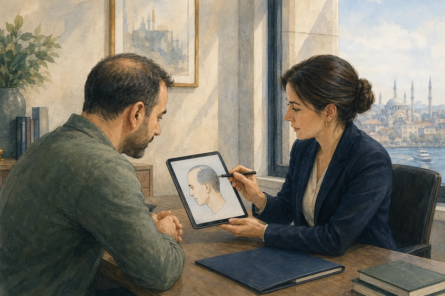 Illustration of a patient and legal adviser reviewing a hair-transplant concern with a scalp drawing and case folder.