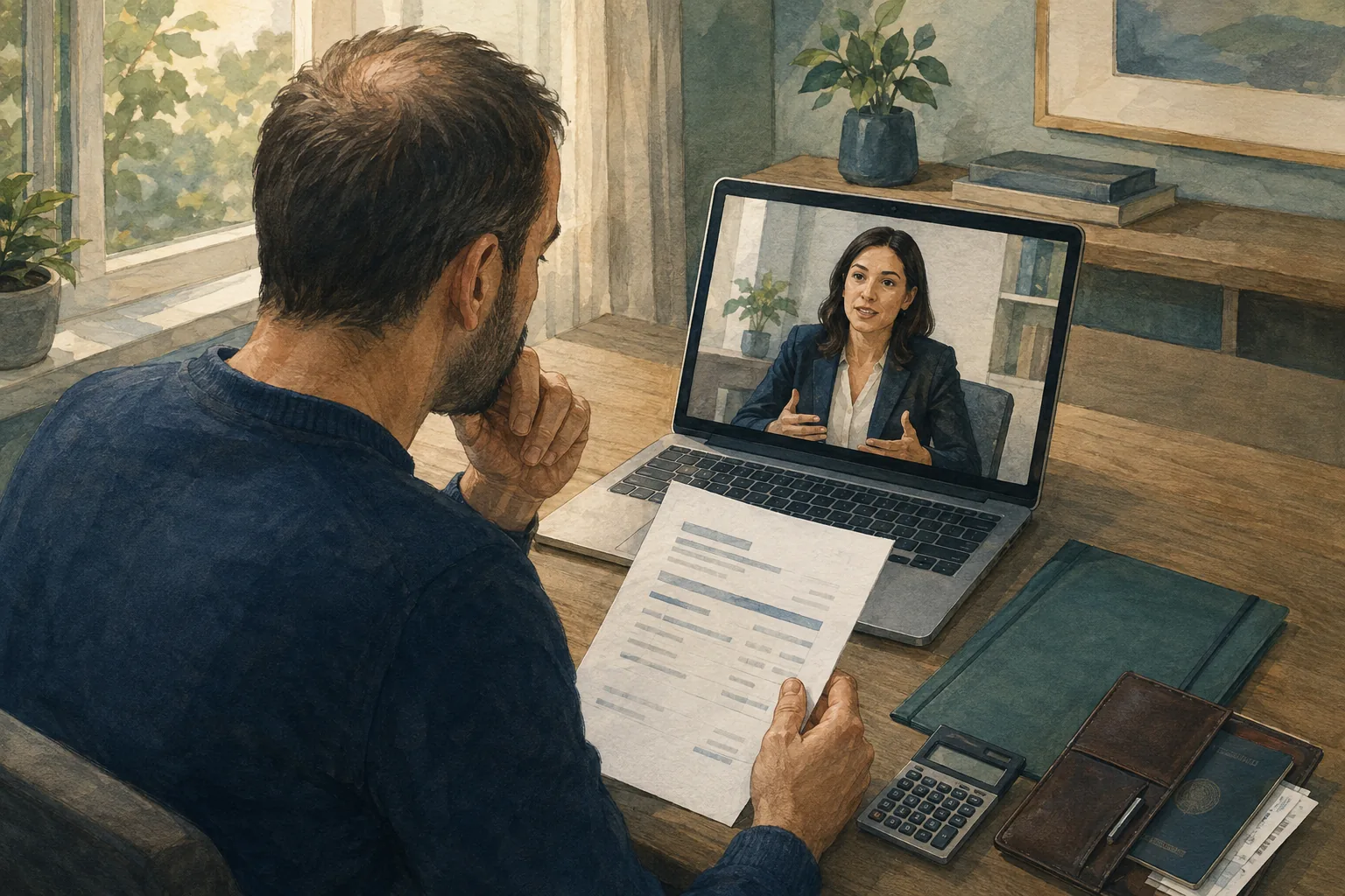 Illustration of a patient at home discussing a repair estimate with a legal adviser by video call.