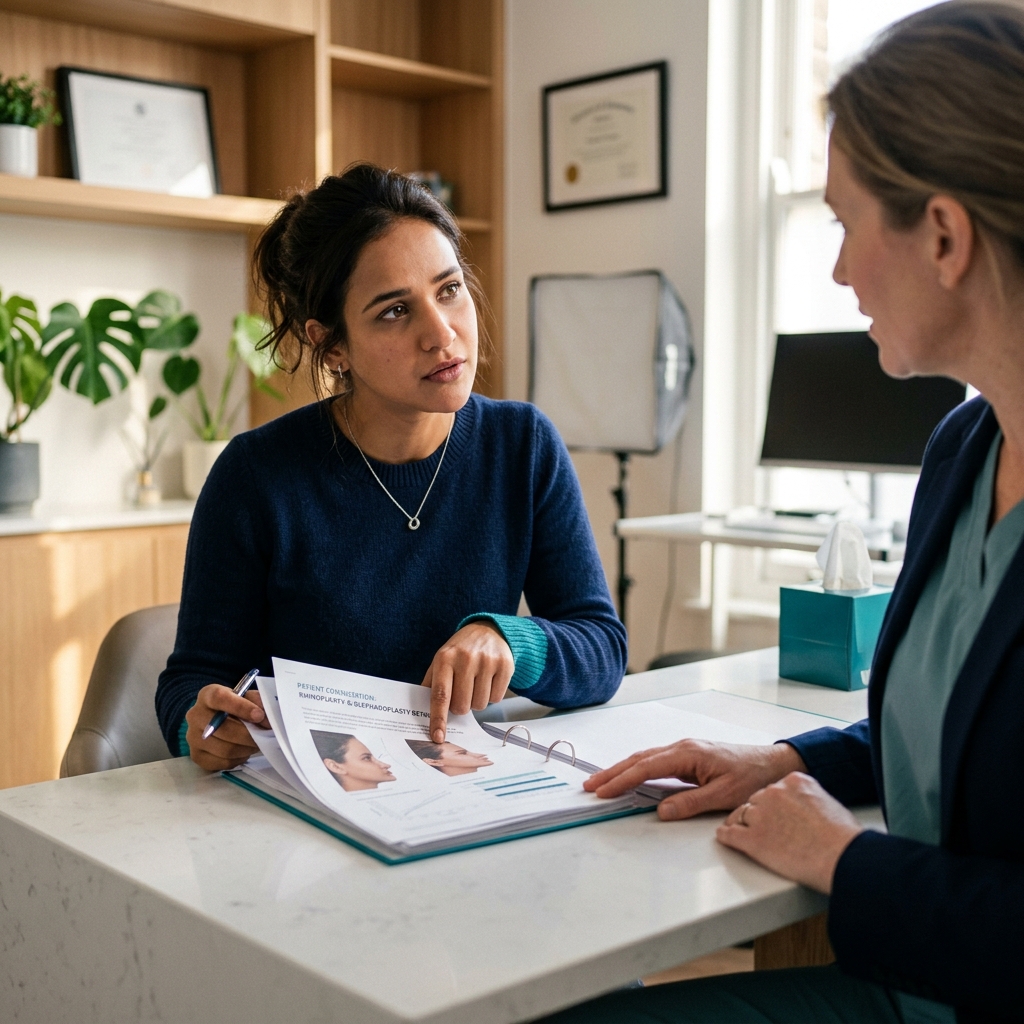Patient reviewing cosmetic surgery medical documents with a consultant