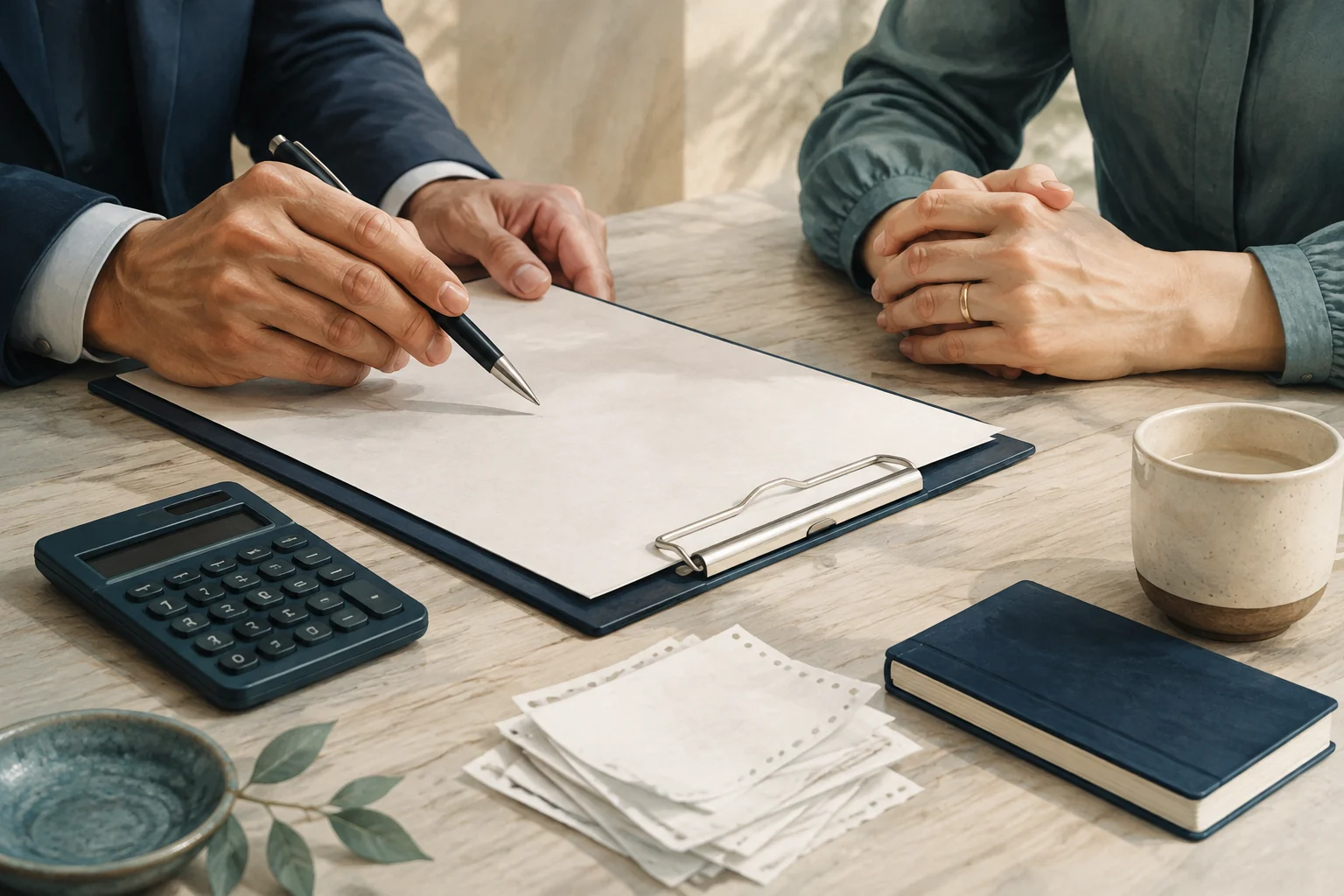 Editorial illustration of hands reviewing a fee outline beside a calculator and organized receipts.