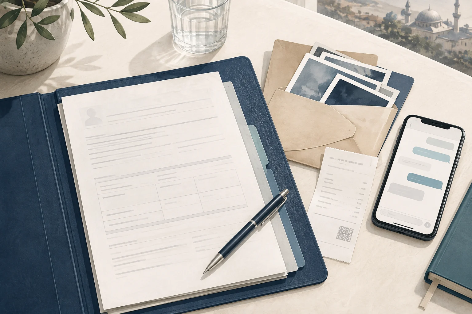 Editorial illustration of medical records, a phone, photograph envelopes, and receipts organized for review.