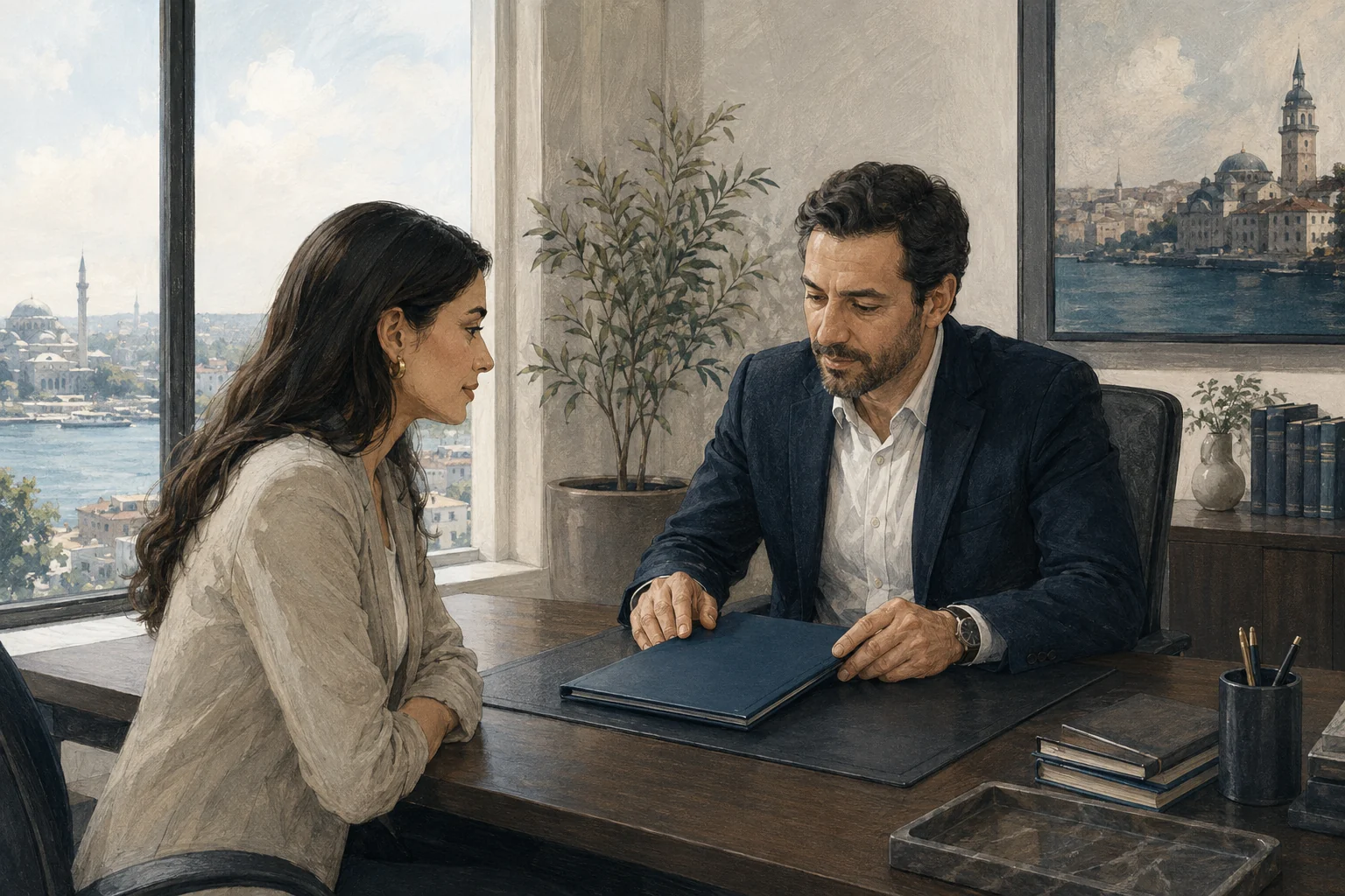 Editorial illustration of an attorney and patient discussing a rhinoplasty case file.