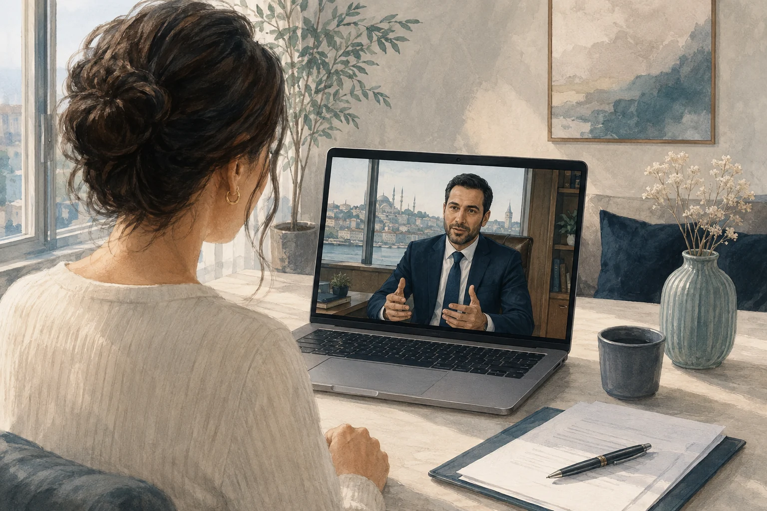 Editorial illustration of an international patient discussing documents with an attorney by video call.