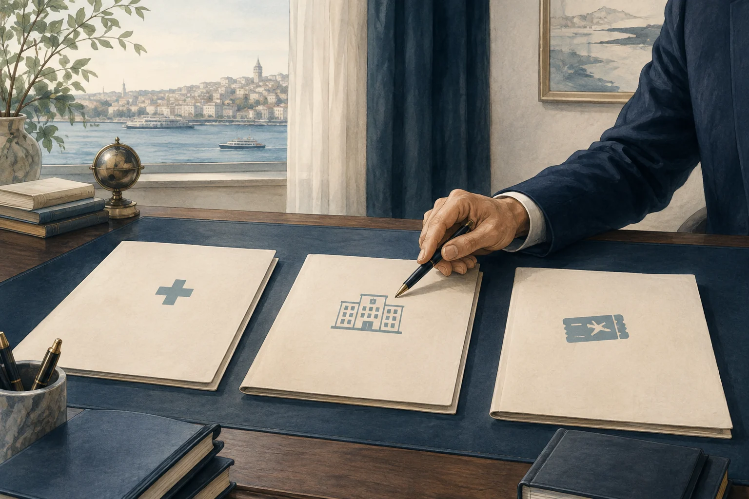 Editorial illustration of medical, hospital, and travel-related folders being compared on a legal desk.